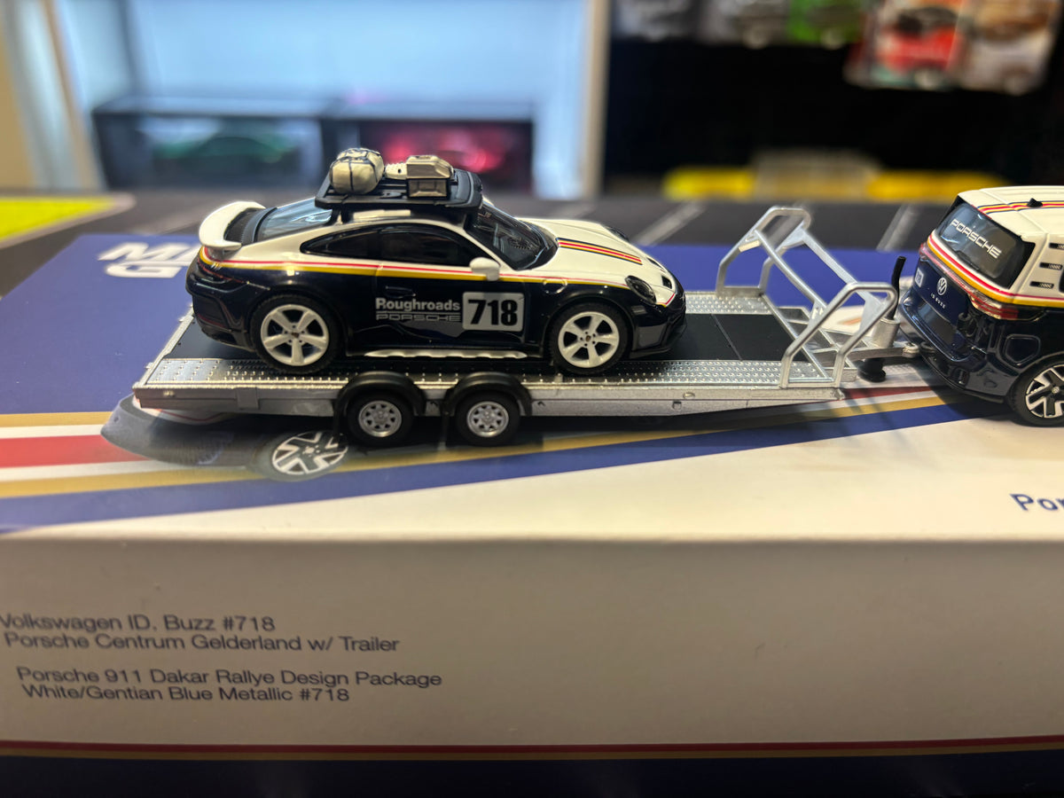 Mini GT Porsche 911 Dakar #718 & Volkswagen ID. Buzz w/ Trailer Set