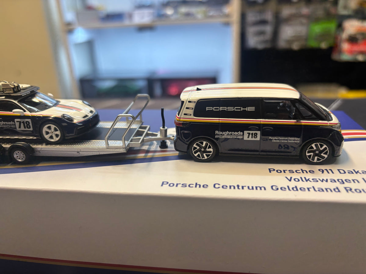 Mini GT Porsche 911 Dakar #718 & Volkswagen ID. Buzz w/ Trailer Set