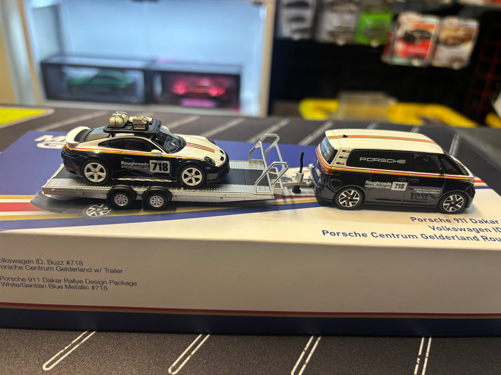 Mini GT Porsche 911 Dakar #718 & Volkswagen ID. Buzz w/ Trailer Set
