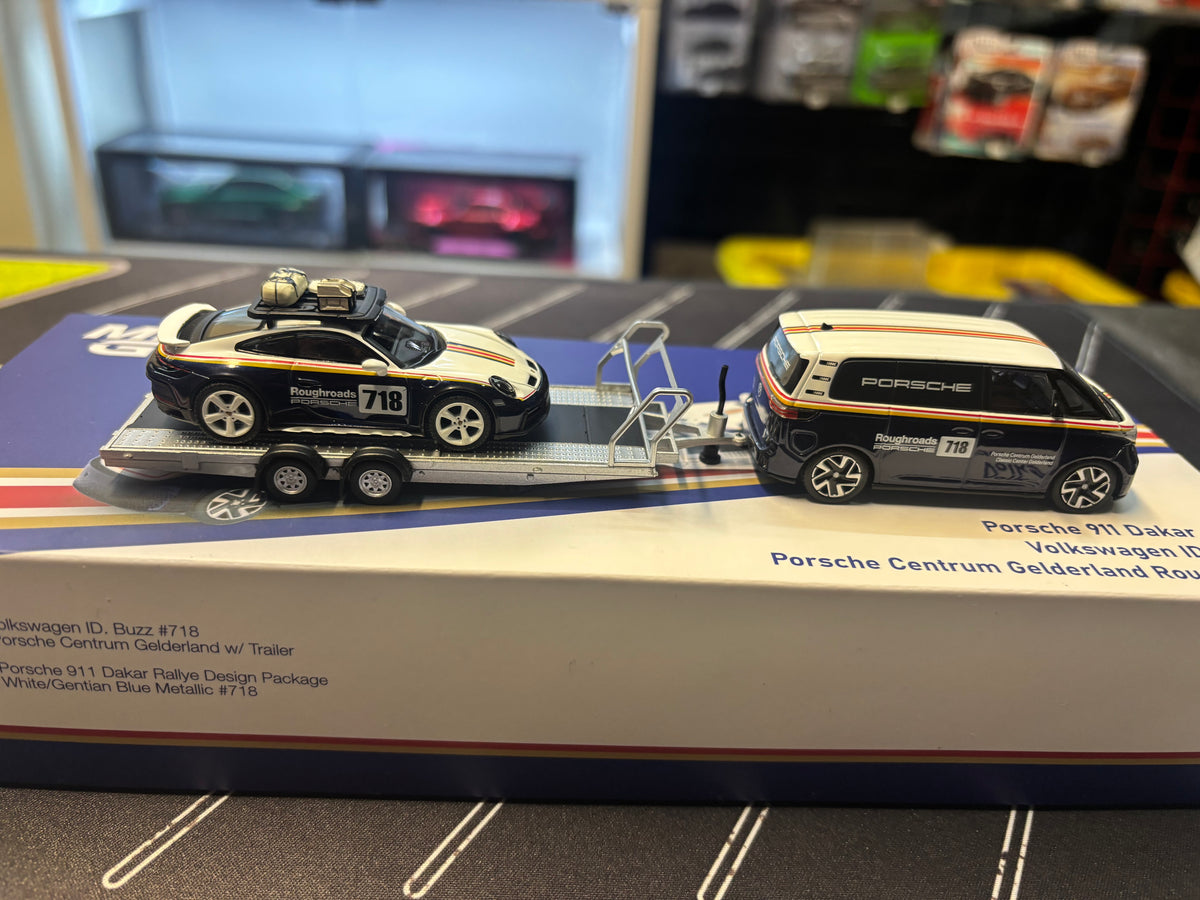Mini GT Porsche 911 Dakar #718 & Volkswagen ID. Buzz w/ Trailer Set