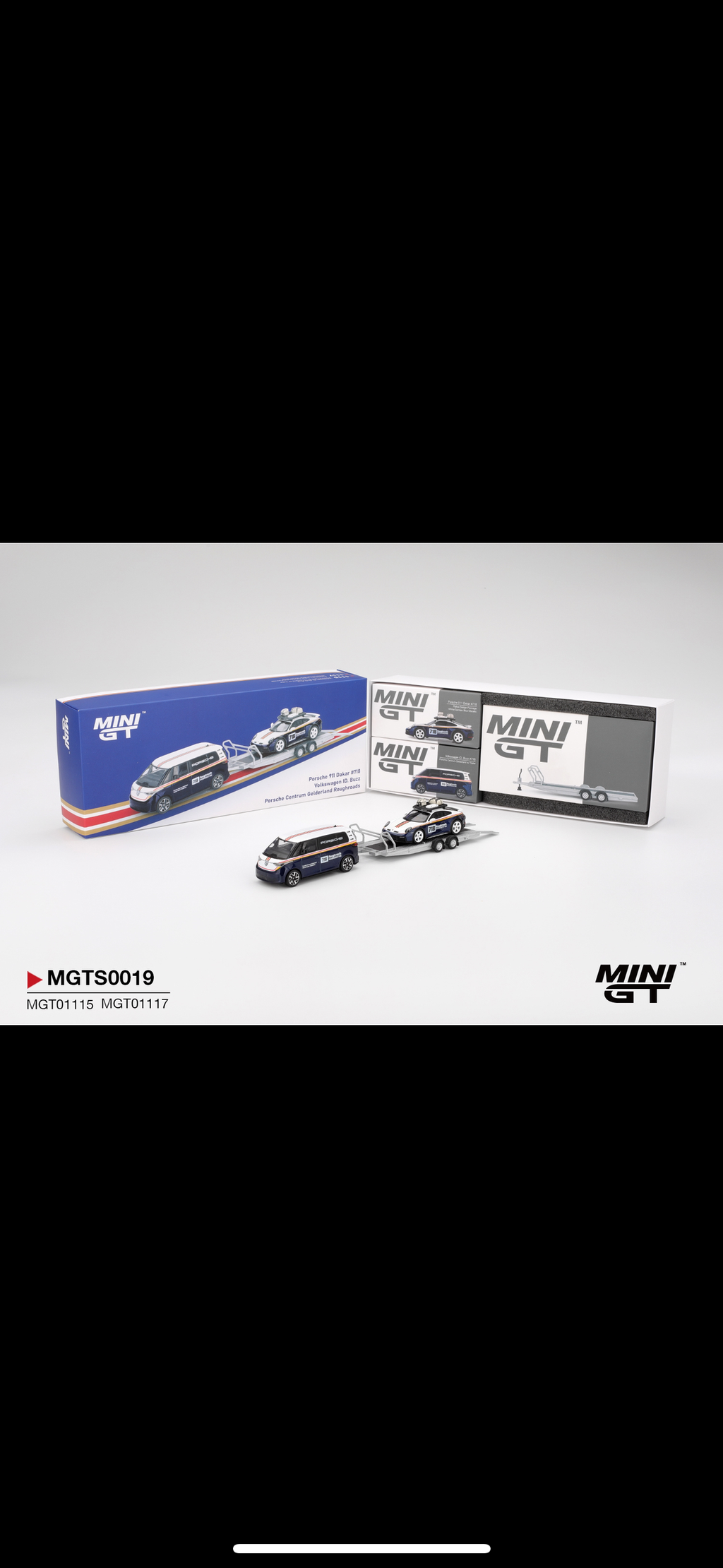 Mini GT Porsche 911 Dakar #718 & Volkswagen ID. Buzz w/ Trailer Set